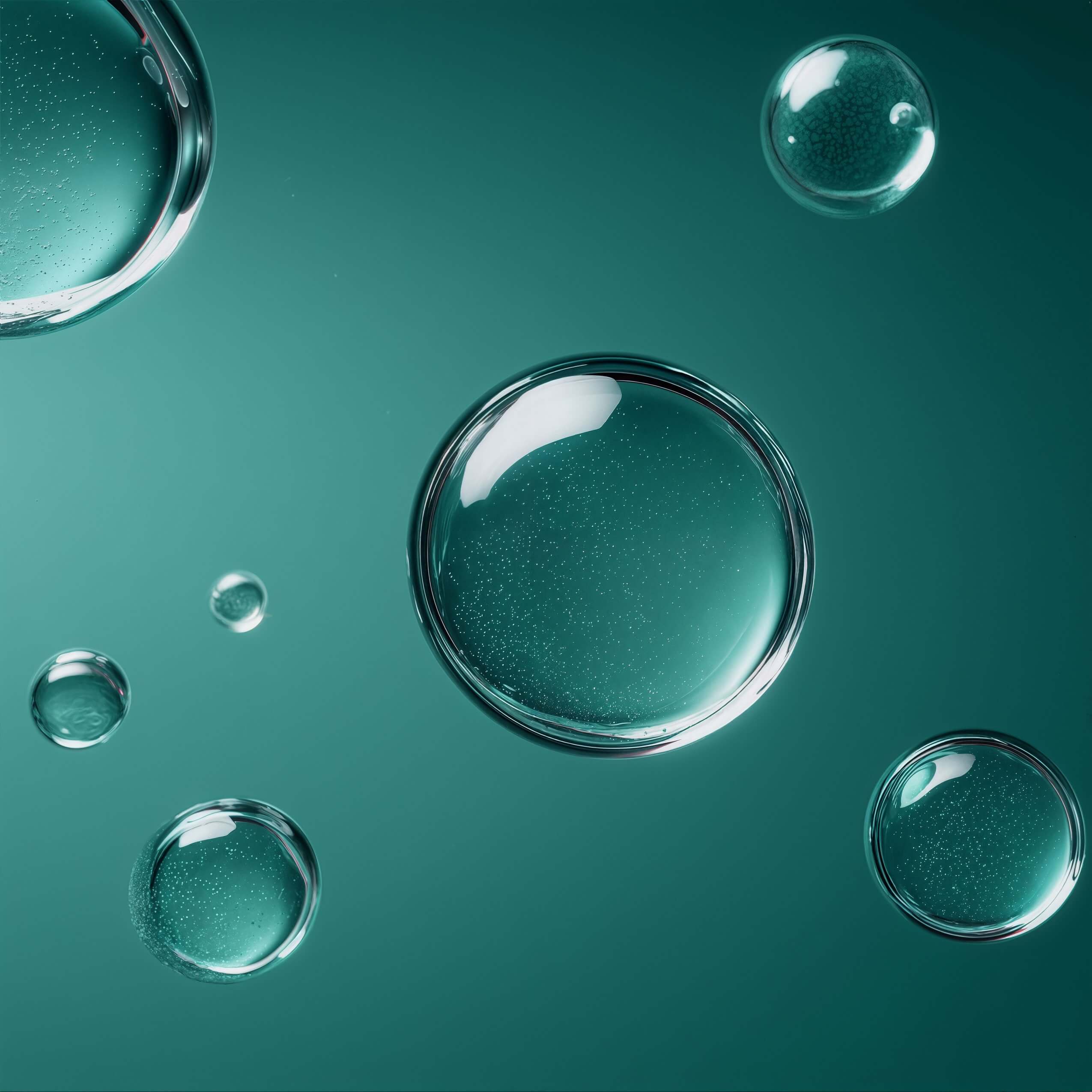 Clear glass-like bubbles floating on a teal background.