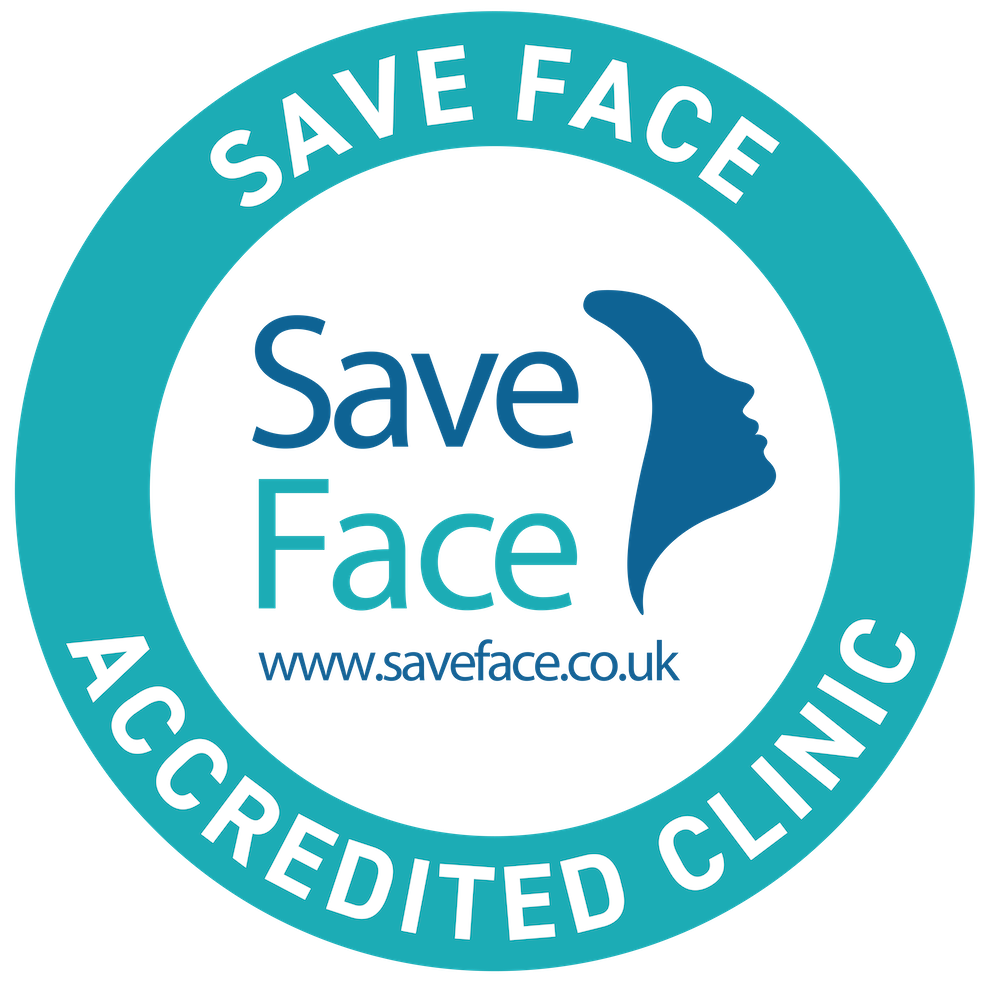 Logo for 'Save Face' accredited clinic with teal and white design.